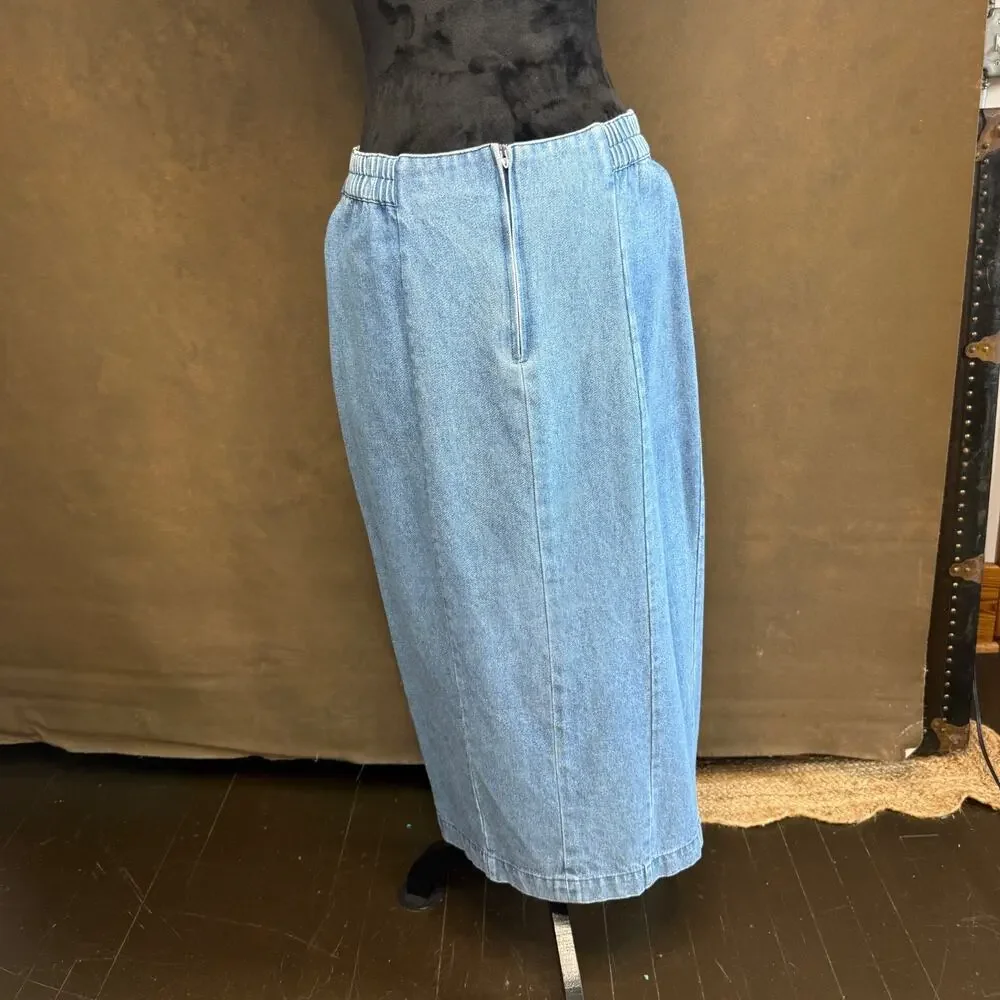 Vintage 80s 90s City Girl Sport Denim Skirt Women’s 14 High Waist Midi Blue Gold